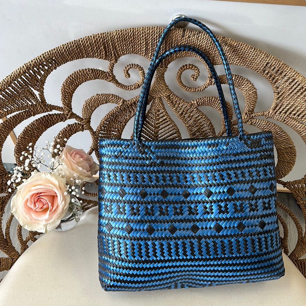 Handmade, blue black woman tote from Pueblo Mexico, large